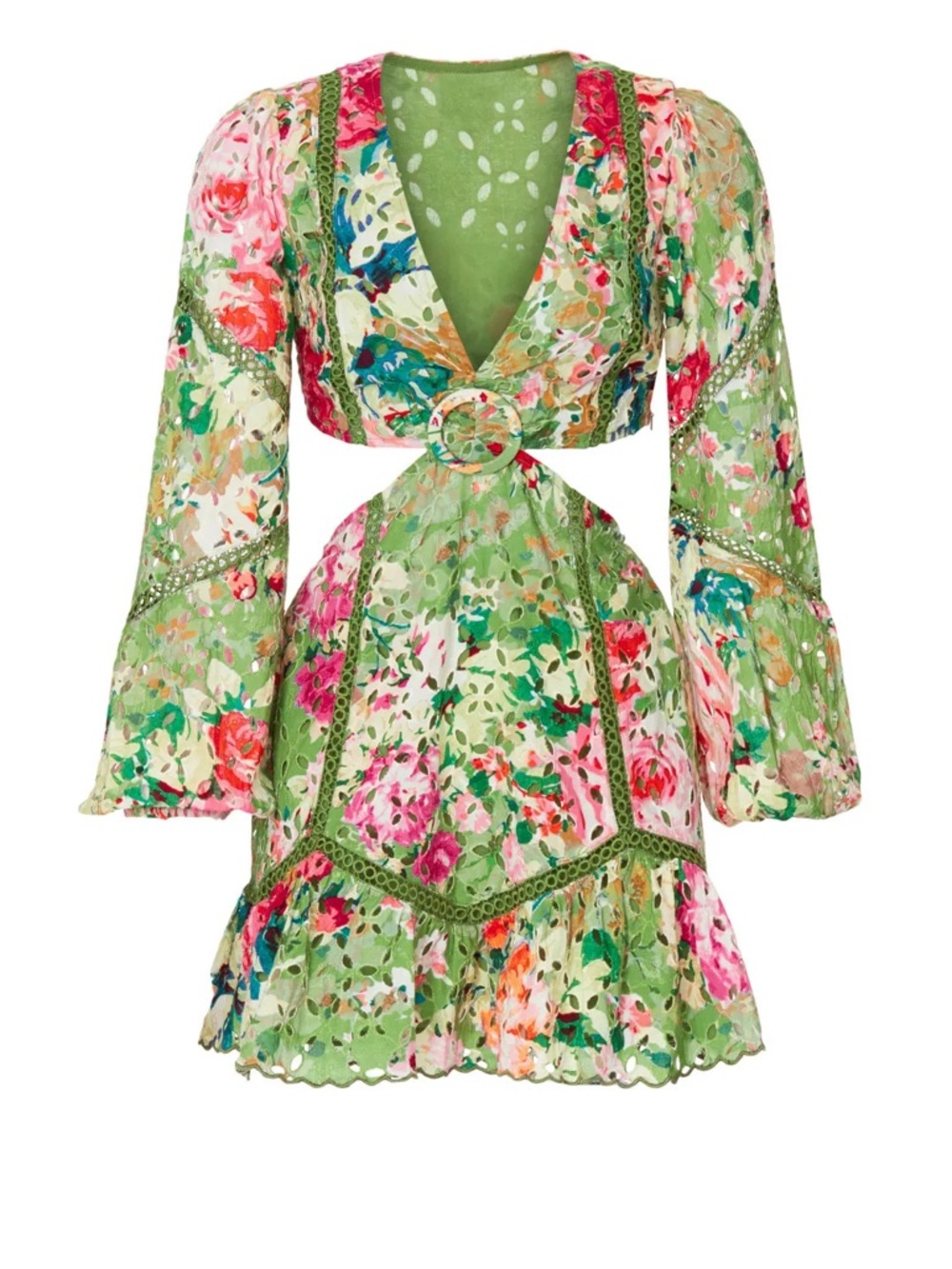 HEMANT & NANDITA - Green Floral Cutout Mini Dress - Women’s Small 2/4
